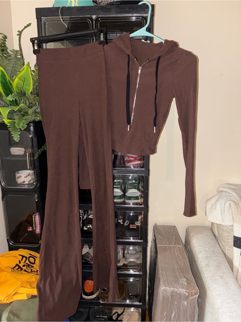 Fashion Nova Brown Ribbed Zip Hoodie & Wide-Leg Pants Set